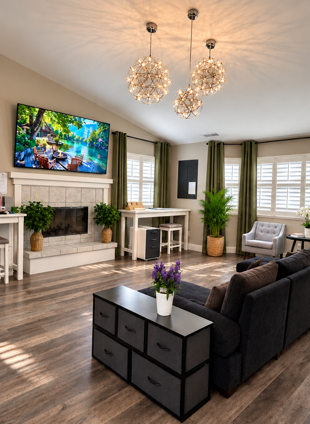 The living room at Sunrise Care, with a fireplace and wall-mounted television, three hanging globe lights, olive drapes, a dark sectional sofa, and sunlight across the wood floor